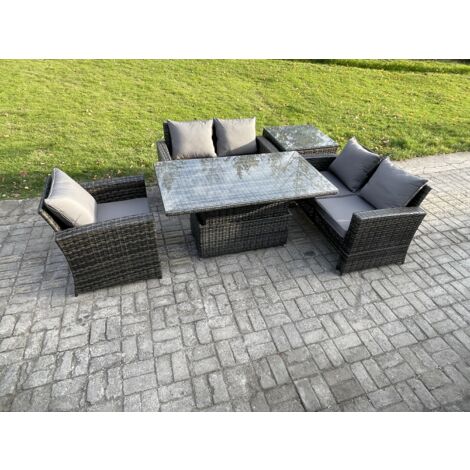 Fimous 5pcs Ensemble de meubles de jardin en rotin ave Table à manger réglable en hauteur ave Table d'appoint Gris foncé (1/5)