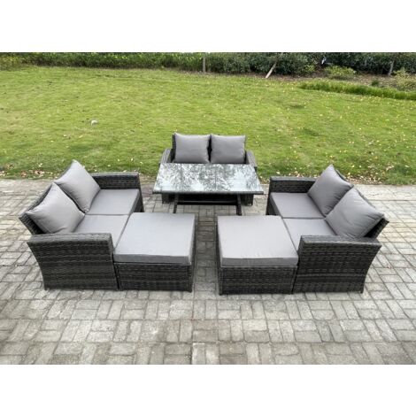 Fimous 8 places Ensemble de canapé en rotin extérieur avec Table à manger rectangulaire Canapé à deux places 2 Grand tabourets Gris foncé mixte (1/5)
