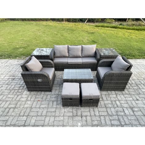 Fimous 7 places Salon de jardin avec Table basse rectangulaire 2 Petits tabourets Canapé 3 places 2 Tables d'appoint Gris foncé mixte (1/5)