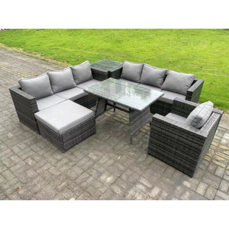 Fimous 8 places Ensemble de canapé en rotin extérieur avec Table à manger Fauteuil Grand tabouret Table d'appoint Gris foncé mixte (1/5)