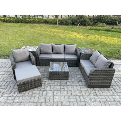 Fimous Meubles de jardin en rotin 7 Pièces avec Table basse carrée Chaise inclinable Canapé à deux places 2 Tables d'appoint Grand tabouret (1/5)