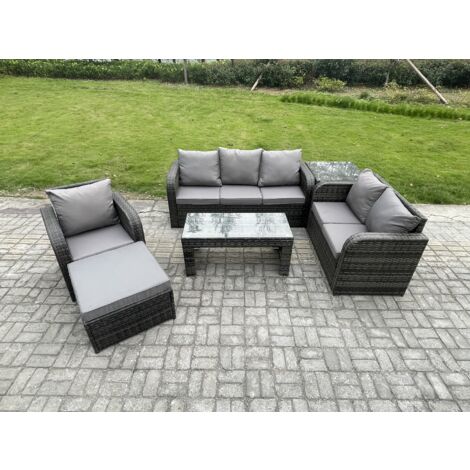 Fimous 7 places Salon de jardin exterieur Ensemble de canapés en rotin avec Table basse rectangulaire Chaise inclinable Grand tabouret Table d'appoint Gris foncé mixte (1/5)