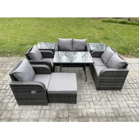 Fimous Ensemble de canapé en rotin extérieur avec Table à manger rectangulaire 2 Tables d'appoint Grand tabouret Gris foncé mixte (1/5)