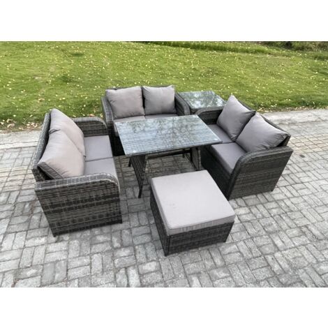 Fimous Salon de jardin 7 places avec Canapé d'amour Table à manger rectangulaire Grand tabouret Table d'appoint Gris foncé mixte (1/5)