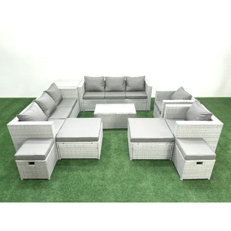Fimous 10 Pièces Salon de jardin Canapé de jardin avec Fauteuil Table basse 4 Tabourets Table d'appoint Gris clair mixte (1/5)