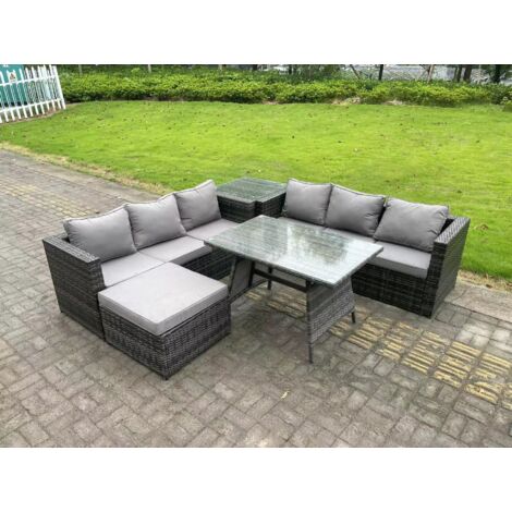 Fimous 7 places Meubles d'extérieur en rotin Ensemble de canapés de jardin avec Table à manger Grand tabouret Table d'appoint Gris foncé mixte (1/5)