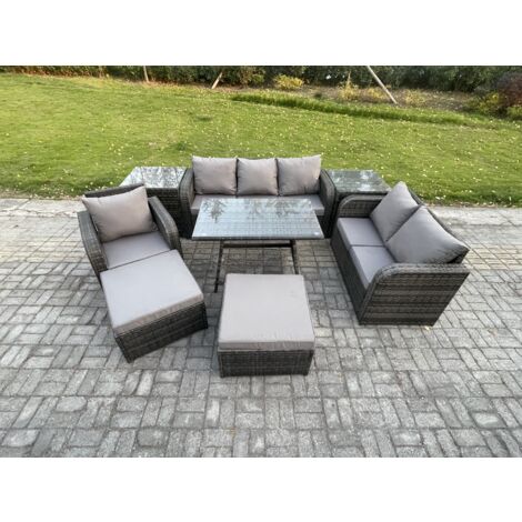 Fimous 8 PCS Ensemble de canapés en rotin Salon de jardin avec Table à manger rectangulaire Fauteuil 2 Grand tabourets 2 Tables d'appoint Gris foncé mixte (1/5)