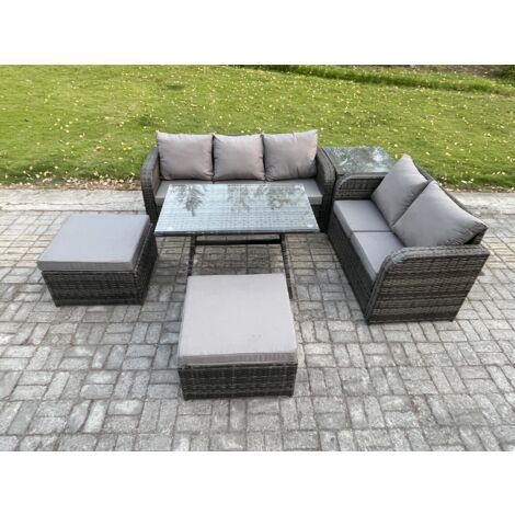 Fimous Salon de jardin exterieur 7 places Table à manger rectangulaire 2 Grand tabourets Canapé d'amour Table d'appoint Gris foncé mixte (1/5)