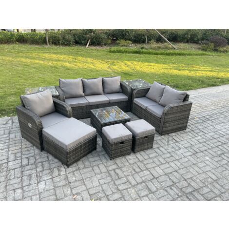 Fimous Meubles de jardin en rotin 9 Pièces avec Table basse carrée Chaise inclinable Canapé d'amour Side Canapé 3 places 3 Tabourets 2 Tables d'appoint (1/5)