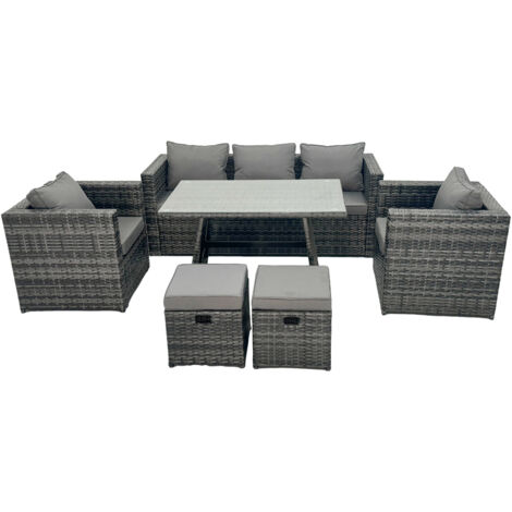 Fimous Gris foncé mixte Salon de Jardin Extérieur en Résine avec Fauteuil Table à manger rectangulaire 2 Petits tabourets 7 places