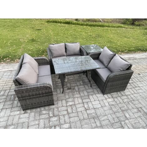 Fimous Salon de jardin 6 places avec Canapé d'amour Table à manger rectangulaire Table d'appoint Gris foncé mixte (1/5)