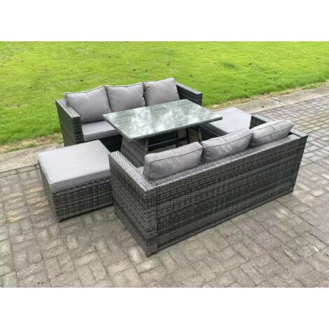 Fimous Mobilier d'extérieur en rotin 7 places Canapé Salle à manger de jardin avec table à manger oblongue Grand tabouret Gris foncé Mixte (1/5)