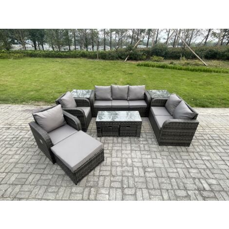 Fimous 10 places Salon de jardin exterieur Ensemble de canapés en rotin avec Table basse rectangulaire 2 Tables d'appoint 3 Tabourets Gris foncé mixte (1/5)