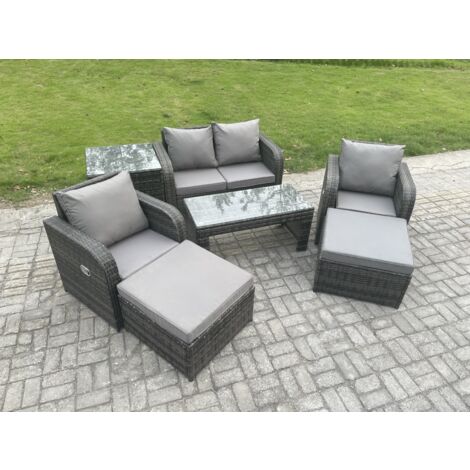 Fimous Salon de jardin avec Chaise inclinable Table basse Table d'appoint 2 Grand tabourets Gris foncé mixte (1/5)