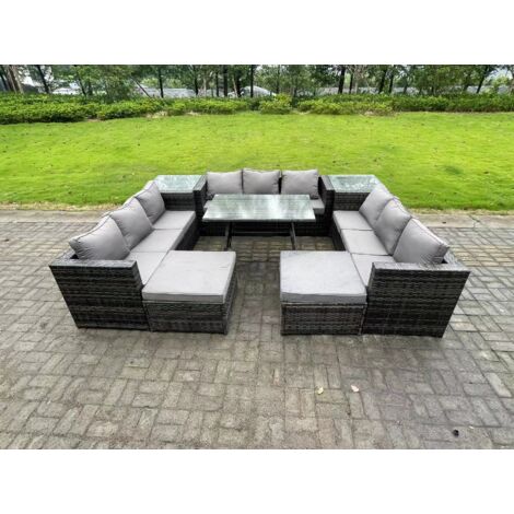 Fimous 11 places Ensembles de salons de jardin avec Table à manger 2 Tables d'appoint 2 Grand tabourets Gris foncé mixte (1/5)