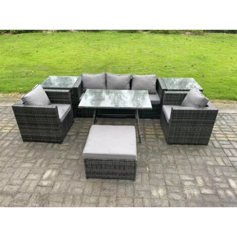 Fimous 6 places Ensemble Repas de Jardin Exterieur avec Table à manger 2 Tables d'appoint Grand tabouret 2 Fauteuil Gris foncé mixte (1/5)