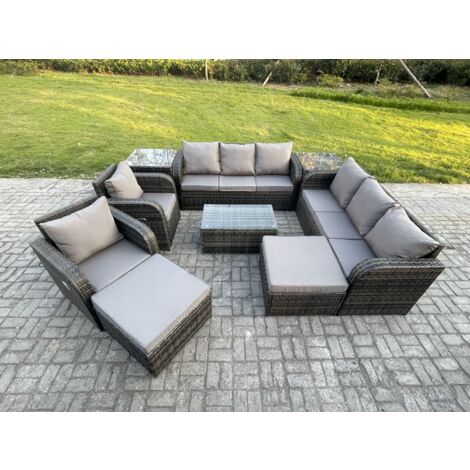 Fimous 10 places Ensemble de canapés en rotin avec Canapé 3 places Chaise inclinable 2 Grand tabourets Canapé 3 places 2 Tables d'appoint Gris foncé mixte (1/5)