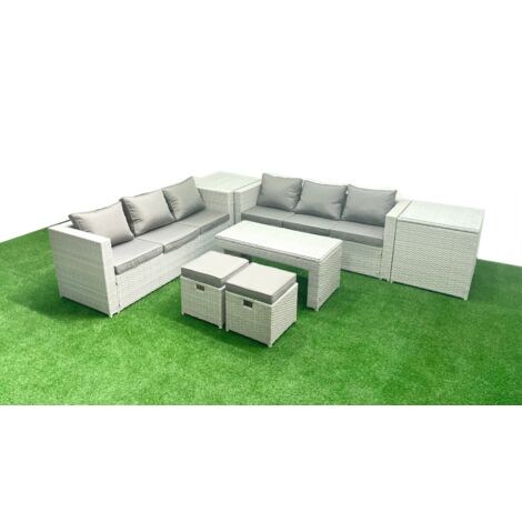 Fimous 8 places Salon de Jardin Extérieur Canapé de jardin en rotin Table basse oblongue avec 2 Petit pouf 2 Tables d'appoint Gris clair mixte (1/5)