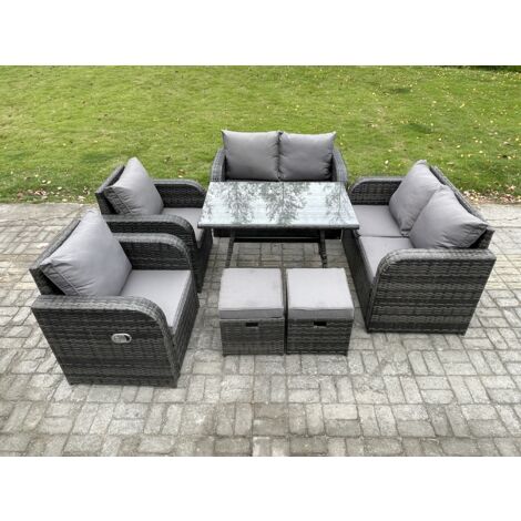 Fimous Ensemble de canapé en rotin extérieur avec Table à manger rectangulaire 2 Petits tabourets Gris foncé mixte (1/5)