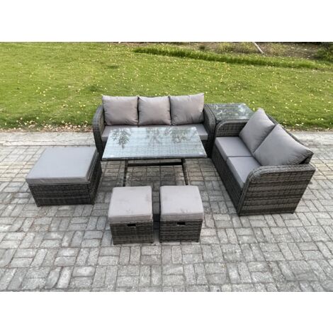 Fimous Salon de jardin exterieur 8 places Table à manger rectangulaire 3 Tabourets Canapé d'amour Table d'appoint Gris foncé mixte (1/5)