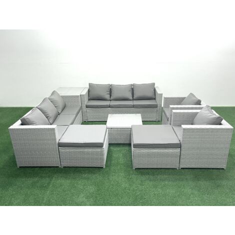 Fimous Salon de Jardin en rotin avec 2 Fauteuil Table basse carrée 2 Grand tabourets Table d'appoint Gris clair mixte (1/5)