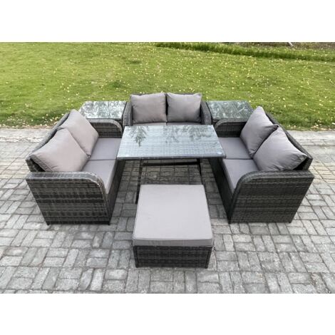 Fimous Salon de jardin 7 places avec Canapé d'amour Table à manger rectangulaire 2 Tables d'appoint Grand tabouret Gris foncé mixte (1/5)