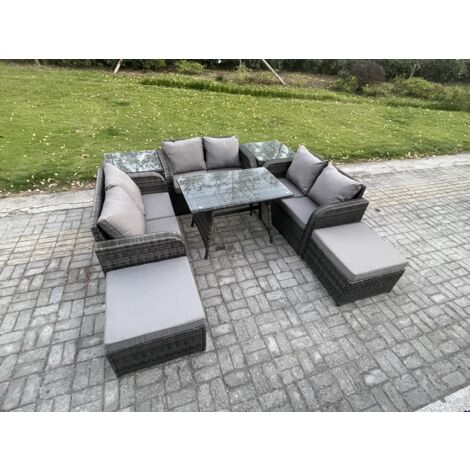 Fimous Salon de jardin exterieur 8 places avec Canapé d'amour Table à manger rectangulaire 2 Grand tabourets 2 Tables d'appoint Gris foncé mixte (1/5)