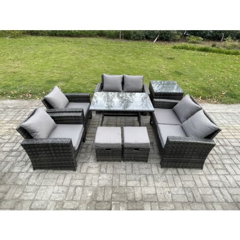 Fimous Salon de jardin 8 places avec Table à manger rectangulaire Canapé à deux places Table d'appoint 2 Petits tabourets Gris foncé mixte (1/5)