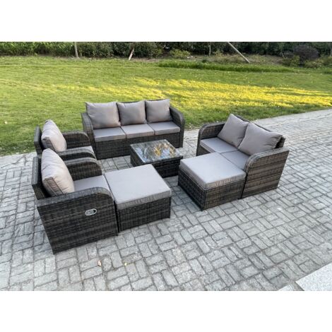 Fimous 9 places Salon de jardin exterieur avec Canapés Table basse carrée 2 Grand tabourets Canapé d'amour Gris foncé mixte (1/5)