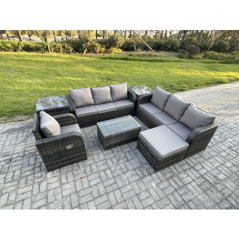 Fimous 8 places Ensemble de canapés en rotin avec Canapé 3 places Chaise inclinable Canapé 3 places 2 Tables d'appoint Grand tabouret Gris foncé mixte (1/5)