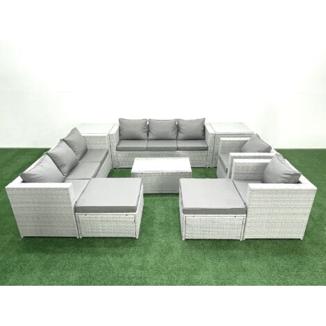 Fimous Salon de Jardin en rotin avec 2 Fauteuil Table basse oblongue 2 Grand tabourets 2 Tables d'appoint Gris clair mixte (1/5)