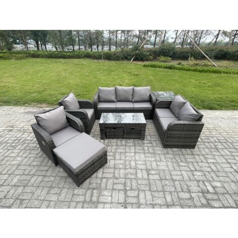 Fimous 10 places Salon de jardin exterieur Ensemble de canapés en rotin avec Table basse rectangulaire Table d'appoint 3 Tabourets Gris foncé mixte (1/5)