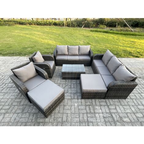 Fimous Salon de jardin 10 places Ensemble de canapés en rotin avec Table basse 2 Grand tabourets Gris foncé mixte (1/5)