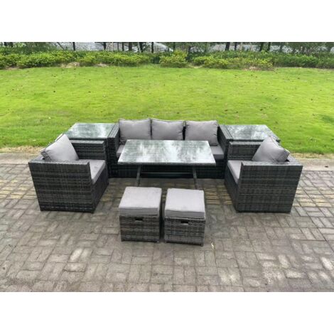 Fimous Salon de Jardin en Résine Tressée avec Table à manger 2 Fauteuil 2 Tables d'appoint 2 Petits tabourets Gris foncé mixte (1/5)