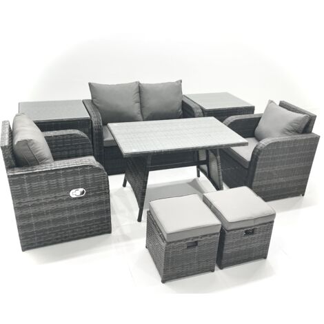 Fimous Ensemble de meubles de jardin en polyrotin Rattan Canapé avec Table à manger Chaise inclinable 2 Petit pouf 2 Tables d'appoint Gris foncé mixte (1/5)