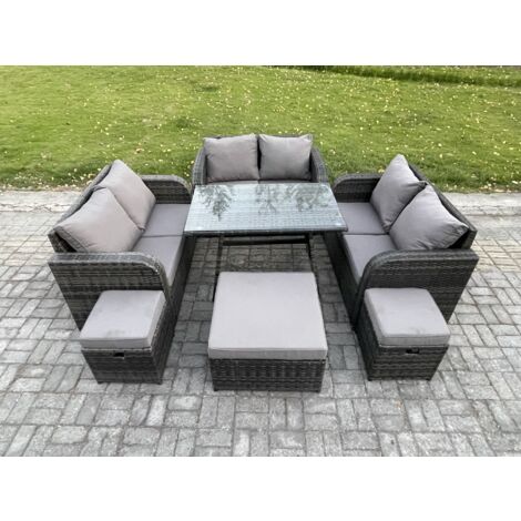 Fimous Salon de jardin exterieur 9 places avec Canapé d'amour Table à manger rectangulaire 3 Tabourets Gris foncé mixte (1/5)