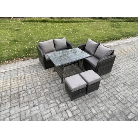 Fimous Ensemble de meubles de jardin en polyrotin 5 Pièces avec Table à manger rectangulaire Canapé d'amour 2 Petits tabourets (1/5)