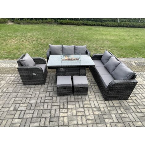 Fimous 9 places Salon de jardin Table de foyer à gaz Chaise inclinable Canapé 3 places Intérieur Extérieur avec 2 Petits tabourets (1/5)