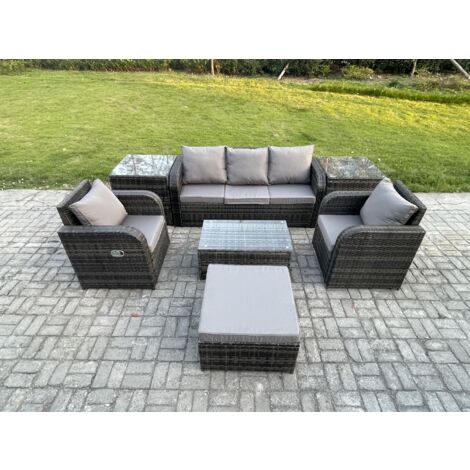 Fimous Salon de jardin exterieur Ensemble de canapés en rotin avec Chaise inclinable Table basse rectangulaire 2 Tables d'appoint Grand tabourets Gris foncé mixte (1/5)
