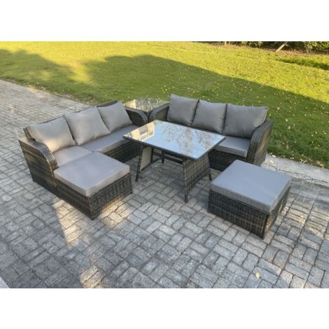 Fimous Salon de jardin exterieur 8 places Table à manger rectangulaire 2 Grand tabourets Table d'appoint Gris foncé mixte (1/5)