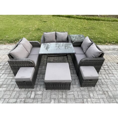 Fimous Salon de jardin exterieur 9 places avec Canapé d'amour Table à manger rectangulaire 3 Tabourets Table d'appoint Gris foncé mixte (1/5)