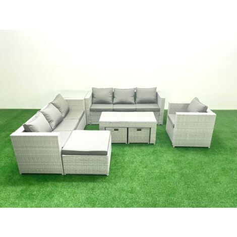Fimous Meubles d'extérieur en rotin avec Table basse oblongue Fauteuil 3 Tabourets Table d'appoint Gris clair mixte (1/5)
