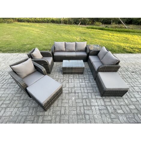 Fimous Ensembles de meubles de jardin 9 places Ensemble de canapés en rotin avec Table basse rectangulaire Chaise inclinable Canapé d'amour 2 Tables d'appoint 2 Grand tabourets (1/5)