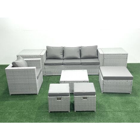Fimous Salon de Jardin Exterieur en Résine 7 places avec Canapé 3 Tabourets Fauteuil 2 Tables d'appoint Gris clair mixte (1/5)