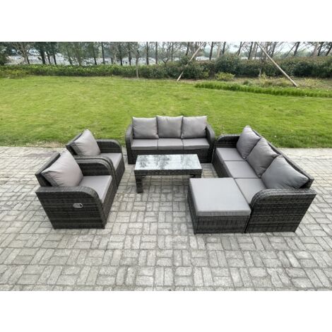 Fimous 9 places Dossier haut Salon de jardin avec Chaise inclinable Table basse rectangulaire Grand tabouret Ensemble de canapés en rotin Gris foncé mixte (1/5)