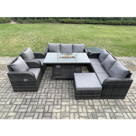 Fimous Ensemble Salon de Jardin Extérieur en polyrotin Table de foyer à gaz et Canapé avec Fauteuil inclinable Table d'appoint Grand tabouret (1/5)