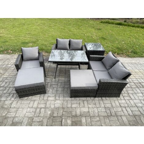 Fimous Ensemble de canapé en rotin extérieur avec Table à manger rectangulaire Canapé à deux places Table d'appoint 2 Grand tabourets Gris foncé mixte (1/5)
