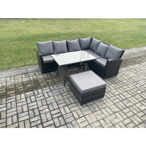 Fimous Ensemble de meubles de jardin en polyrotin Table à manger avec Grand tabouret 7 places Gris foncé mixte (1/5)