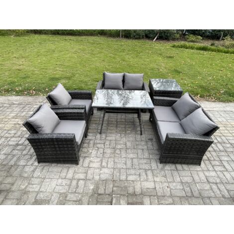 Fimous Salon de jardin 6 places avec Table à manger rectangulaire Canapé à deux places Table d'appoint Gris foncé mixte (1/5)