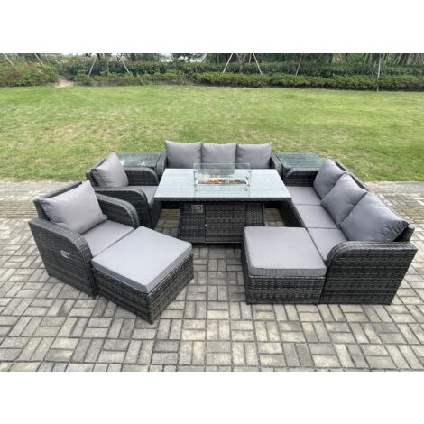 Fimous Ensemble Repas de Jardin Exterieur Table de foyer à gaz Chaise inclinable Canapé 3 places et avec Table d'appoint 10 places (1/5)